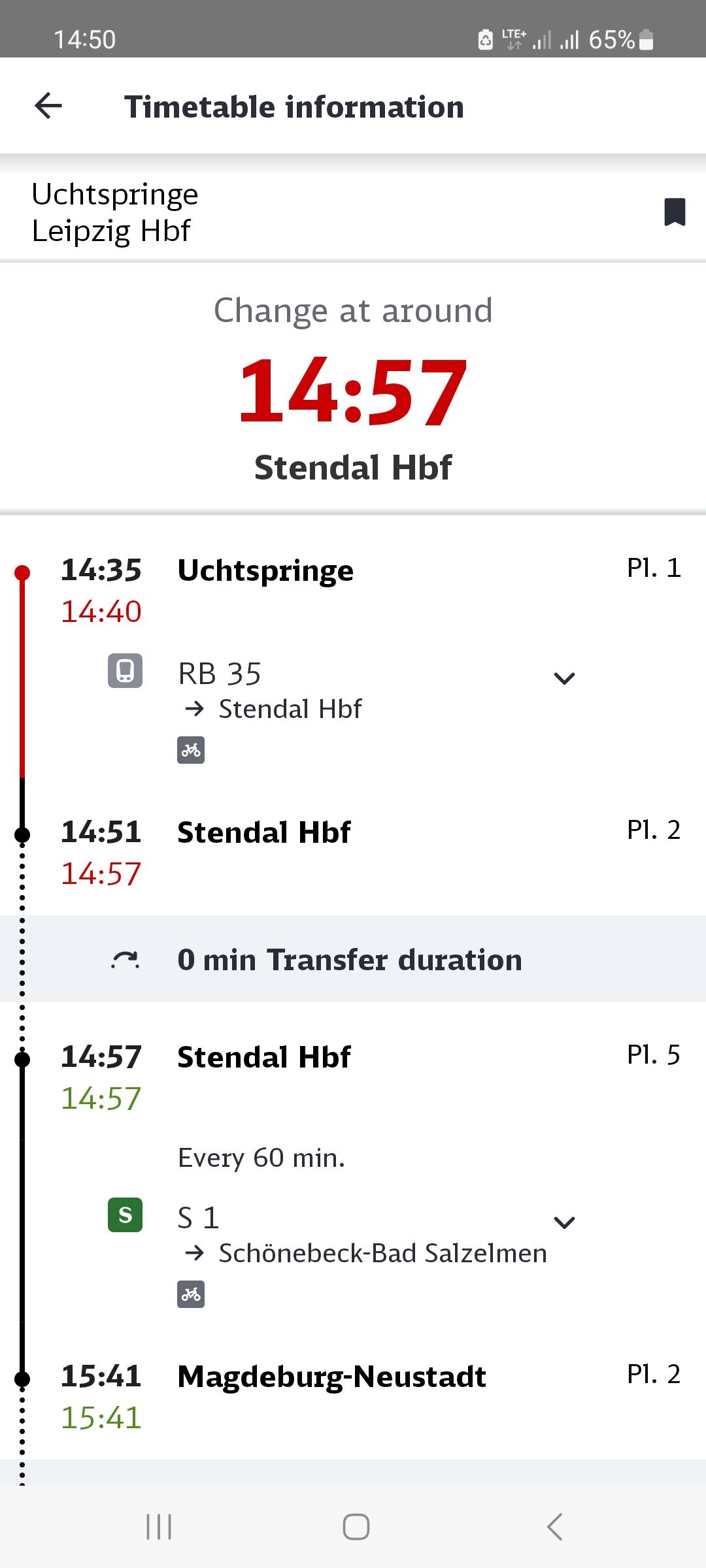 DB App showing the delay for my journey from Uchtspringer to Leipzg